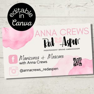 Aanpasbaar roze visitekaartjeontwerp, doe-het-zelfcanvasjabloon, Red Aspen-visitekaartje, aquarelontwerp, QR-codekaart