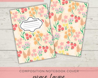 Printable Composition Notebook Cover PNG Back To School Notebook Custom Junk Journal Kids Workbook Digital Art Pink floral school notes