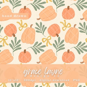 Può includere: Illustrazione digitale con un motivo ripetuto di zucche, foglie verdi e fiocchi gialli su sfondo crema. Le parole "hand-drawn" e "grace layne design co" sono visibili. L'immagine è un download digitale di 30.5cm x 30.5cm.