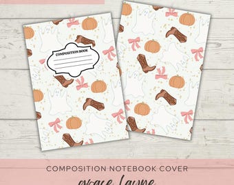 Printable Composition Notebook Cover PNG Back To School Notebook Custom Junk Journal Kids Workbook Digital Art Pink Halloween cowgirl ghost