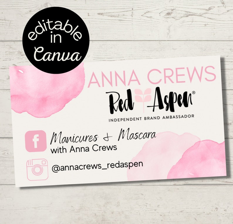 Editable Red Aspen Business Card Canva Template, Pink and White