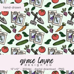 May include: A repeating pattern featuring garden vegetables and tools. The design includes tomatoes, cucumbers, carrots, radishes, and seed packets labeled "Rosemary" and "Eggplant". The words "hand-drawn" and "grace layne design co" are also present.