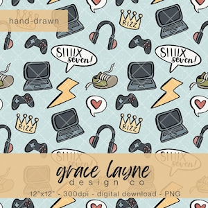 Könnte beinhalten: Ein digitales Muster mit handgezeichneten Spielelementen auf hellblauem Hintergrund. Das Design umfasst Laptops, Controller, Kopfhörer, Sprechblasen, Kronen und Blitze. Der Text "SIIIIX seven!" befindet sich in einer Sprechblase. Digitaler Download.