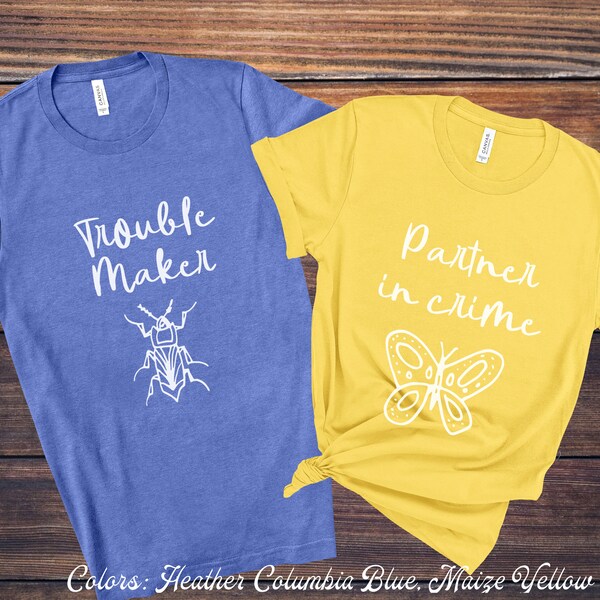 Bug butterfly couple matching tops, Partner In Crime Tee, Couple Jokes, Partner Look, Butterfly b-day gift, Sibling Set, Matching Cousin Set