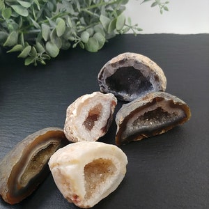 Petits échantillons de géode en agate fendue polie, moitiés de 2-3 po.