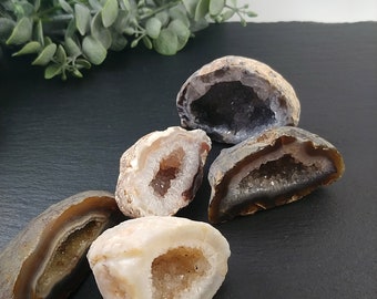 Pequeñas mitades de geoda de ágata pulida partida de 2-3 pulgadas.