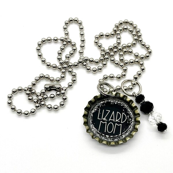 Lizard Mom Bottle Cap and Crystal Bead Charm Necklace