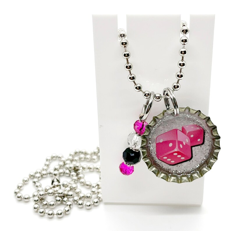 Bunco Night Themed Pink and Silver Glitter Bottle Cap Necklace Etsy