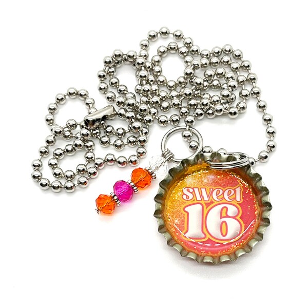 Sweet 16 Pink and Orange Bottle Cap  - Necklace OR Keychain - You Choose!