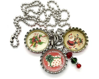 Vintage Christmas Santa Claus and Gifts - Bottle Cap Necklace