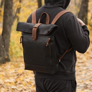 Custom Leather Laptop Bag, Vintage Style Backpack, Travel Rucksacks, Handmade Backpack with Rustic Style, Personalized Roll Top Backpack