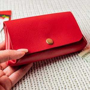 Monedero pequeño, billetera de cuero rojo, billetera tipo sobre para mujer, regalos para ella, tarjetero de cuero, billetera linda, bolsillo de cuero para monedas