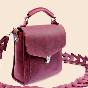Women Shoulder Bag with Wide Strap, Personalized Leather Shoulder Bag 2 Straps, Small Pink Handbag Top Handle, Womens Leather Bag