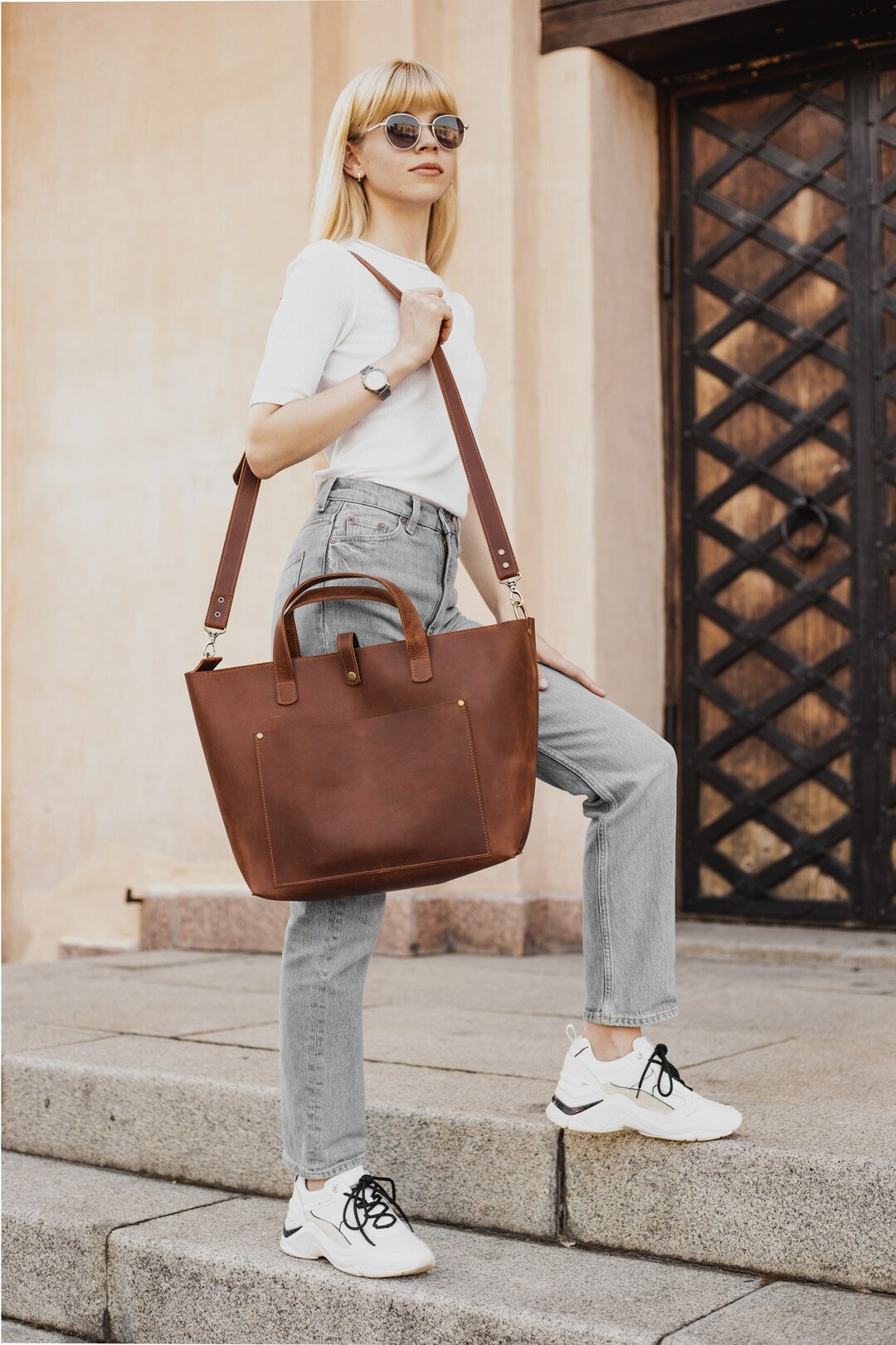 Leather Laptop Tote Bag Zippered, Women's Work Bag, Large Tote Bag With