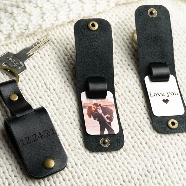 Picture Keychain for Men, Personalized Photo Keychain Husband Boyfriend, Name Leather Keychain, Personalized Christmas Gift for Him