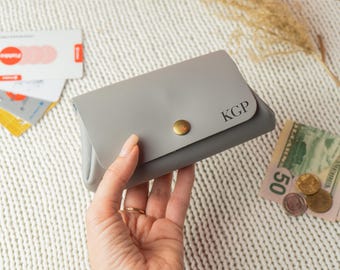 Carteras pequeñas para mujer, billetera vintage gris con cierre a presión, billetera de cuero para mujer, billetera para dama, mini monedero, billetera práctica