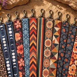 May include: A collection of eleven fabric wristlet lanyards featuring diverse patterns including leopard print, moon phases, floral motifs, geometric shapes, and stripes, each equipped with a swivel lobster clasp in an antique brass finish.
