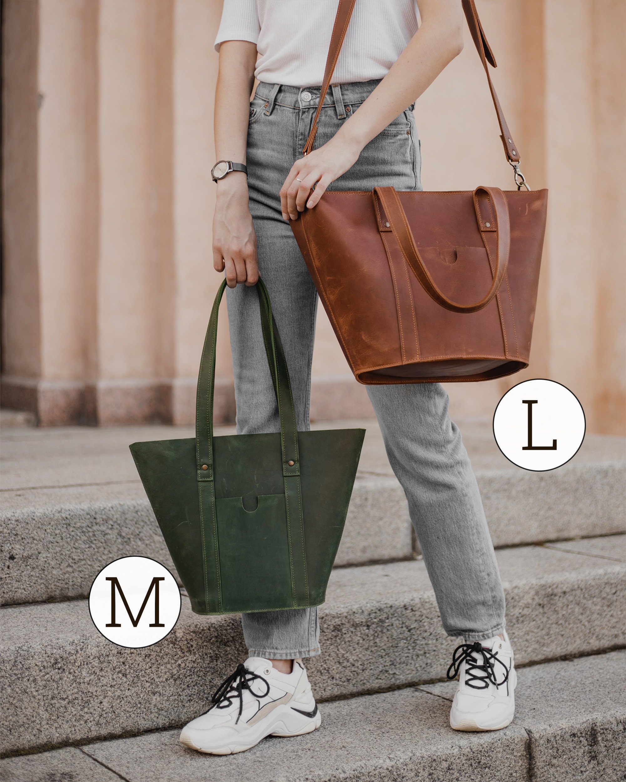 Leather Tote Bag With Front Pocket and Zipper Handmade Purse Etsy