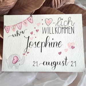 Personalisierte Karte zur Geburt "Herzlich Willkommen" Handlettering Aquarell Elefant