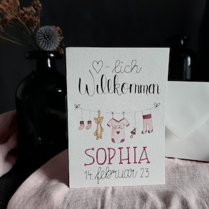 Personalisierte Karte zur Geburt "Herzlich Willkommen" Handlettering Aquarell Baby handgemalt