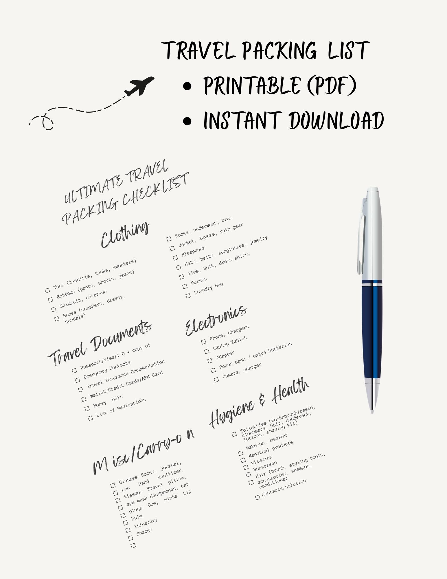Travel Packing Checklist Printable PDF | Vacation Packing List ...