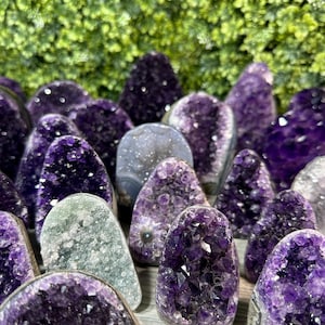 May include: A collection of amethyst crystal clusters, each with a unique shape and size. The crystals are a deep purple color and have a natural, rough texture. They are arranged on a light-colored surface.