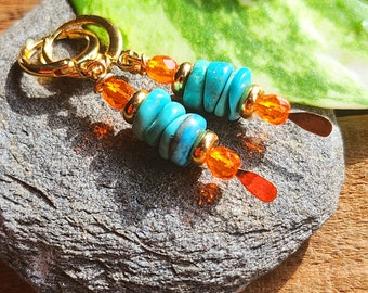 Natural Turquoise and Orange Boho Gold Earrings, Turquoise Boho Leverback Earrings