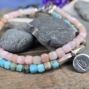 Karen Hill Tribe Silver Fish Bracelet Set, Natural Pink Opal Turquoise Beaded Stack, Handcrafted