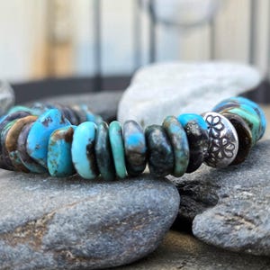 Natural Turquoise 10mm disc and Karen Hill Tribe Tribal Flower Stamped Disc Bracelet (unisex)