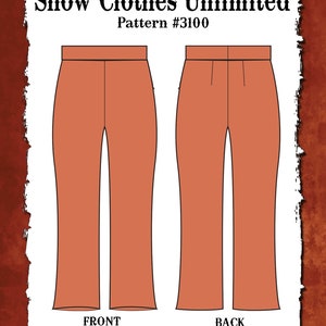 Op de afbeelding: Een naaipatroon voor Showmanship-broeken, ontworpen door Pegg Johnson. Het patroon is voor damesmaten XXS, XS, S, MD, L, XL, XXL. Het patroon bevat een voor- en achterkant van de broek.