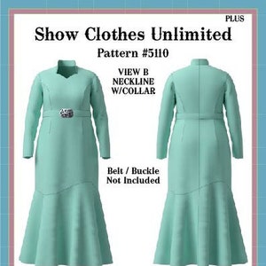 Puede incluir: Un patrón de costura para un vestido de talla grande con un dobladillo con vuelo. El patrón se llama "Rodeo Queen Fancy Flounce" y está diseñado por Pegg Johnson. El patrón incluye tres opciones de escote diferentes: Vista A, Vista B y Vista C. El vestido se muestra en un color azul claro.