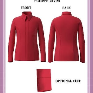 May include: A red long-sleeved shirt pattern, front and back views, with an optional cuff. The shirt has a collar and button closure. The text on the image reads "Show Clothes Unlimited" and "All Day Shirt". Child sizes are listed.