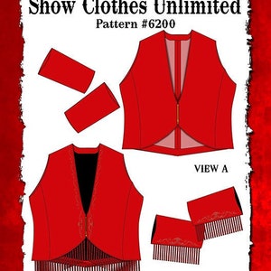 Puede incluir: Un chaleco bolero rojo con ribete de flecos y cierre de cremallera. El patrón se llama "Show Clothes Unlimited" y el número de patrón es 6200. El chaleco está disponible en las tallas XXS, XS, S, MD, L, XL y XXL.