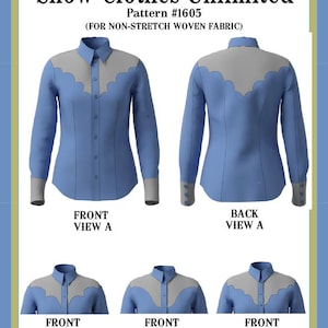 May include: A blue and grey ranch and rodeo shirt pattern with yokes. The image shows front and back views of the shirt, along with close-ups of the collar and yoke details. The text reads "Show Clothes Unlimited" and "Pattern #1605".