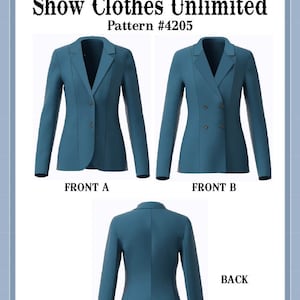 May include: A teal blue Western Halter Jacket sewing pattern for children. The pattern includes instructions for three different styles: Front A, Front B, and Back. The pattern is available in sizes XXS, XS, S, M, L, XL, and XXL. The pattern is from Show Clothes Unlimited, pattern number 4205.