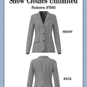 May include: A sewing pattern for a child's hunt coat. The pattern is called "Hunt Coat" and is designed by Pegg Johnson. The pattern is for sizes XXS, XS, S, M, L, XL, and XXL. The pattern number is 7105.