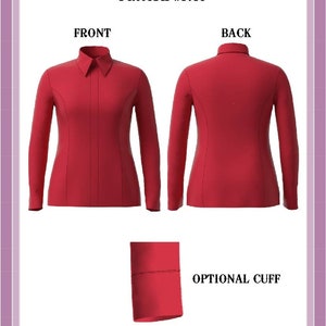 May include: A red long-sleeve shirt sewing pattern for plus sizes 1X, 2X, 3X, 4X, and 5X. The pattern is called "All Day Shirt" and is designed by Pegg Johnson. The pattern includes a front and back view of the shirt, as well as an optional cuff.