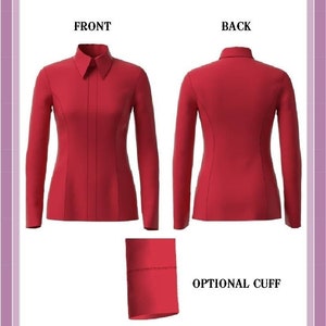 Op de afbeelding: Een rood langarmhemd naaipatroon voor dames in de maten XXS, XS, S, M, L, XL, XXL. Het patroon heet "All Day Shirt" en is ontworpen door Pegg Johnson. Het patroon bevat een voor- en achterkant van het shirt, evenals een optionele manchet.