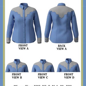 May include: A pattern for a ranch and rodeo shirt with yokes. The shirt is light blue with gray accents and is shown from multiple views. The text on the image reads "Show Clothes Unlimited" and "Pattern #1600".