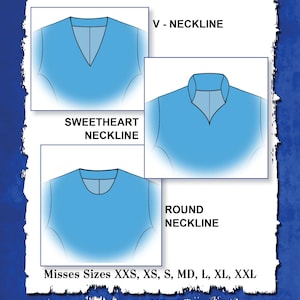 Könnte beinhalten: Diagramm mit vier verschiedenen Ausschnittformen für ein Reitershirt. Die Ausschnitte sind mit "V-Neckline", "Sweetheart Neckline", "Round Neckline" beschriftet, und die Muster-Nummer ist #5000. Der Text "Alternate Necklines for Horsemanship Shirt #1200 design by Pegg Johnson" befindet sich am unteren Rand des Diagramms.
