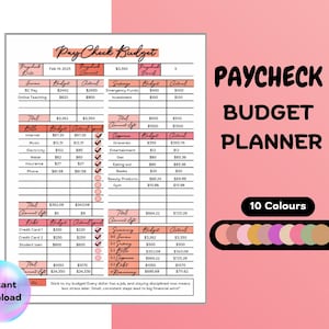 Puede incluir: Un planificador de presupuesto imprimible con un esquema de color rosa y melocotón. El planificador se titula "Paycheck Budget Planner" e incluye secciones para presupuestar ingresos, gastos y ahorros. El planificador también incluye una paleta de colores con 10 colores diferentes.