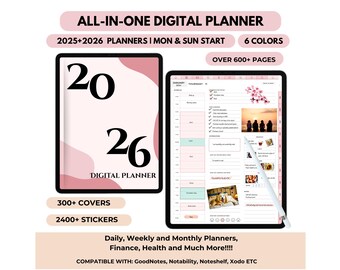 2025, 2026  Digital Planner for iPad | GoodNotes Planner | Notability Planner | Monday & Sunday Start Planner | Digital Planner Template PDF