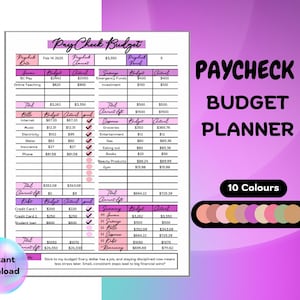 Op de afbeelding: Een afdrukbare Paycheck Budget Planner met een roze en paars kleurenschema. De planner bevat secties voor inkomsten, rekeningen, besparingen en uitgaven. De tekst "Paycheck Budget Planner" wordt prominent weergegeven, samen met "10 kleuren" en "Direct downloaden".