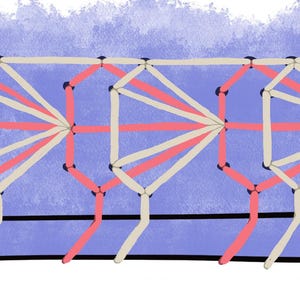 May include: An abstract illustration featuring a geometric design with a blue background and a three-dimensional structure. The structure is composed of white, pink, and black lines, creating a visually complex pattern. The design has a watercolor effect.