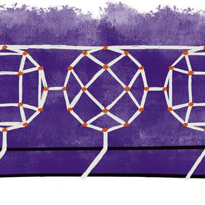 May include: An illustration featuring four linked geometric shapes, each with white lines and red dots, against a purple backdrop. The design includes a fence on the left and a textured upper section.