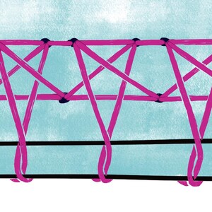Puede incluir: Ilustración de un bloque turquesa con un diseño rosa entrecruzado. El diseño está hecho de líneas rosas y puntos negros. El fondo es un lavado de acuarela azul claro.