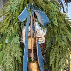 Norfolk Pine Winter Wreath: Gold Bells & Velvet Bow