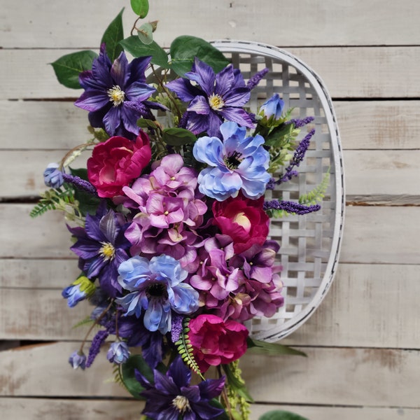Purple Spring/Summer wreath,  Tobacco Basket with flowers,  Year round wall decor,  Purple Clematis wall decor, wreath for door