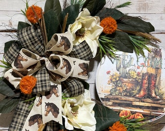 Cowboy Themed Wreath: Rustic Western Decor with Magnolias