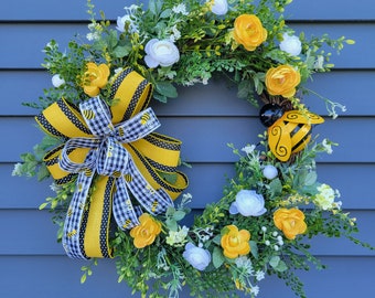 Spring and summer Bee wreath for front door, Spring home decor, Yellow wreath, Welcome wreath, Bumblebee Decor